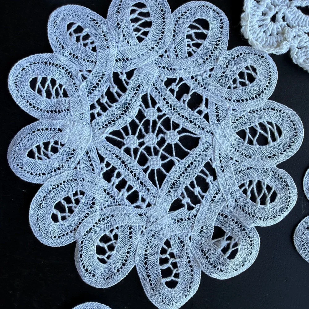 Vintage White Lace Doily Set Floral Crochet Battenburg Lace Coasters 6pc
